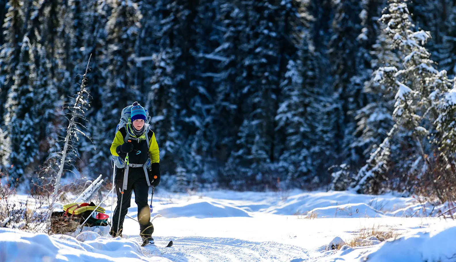 Competitor skiing and pulling a sled through the Yukon